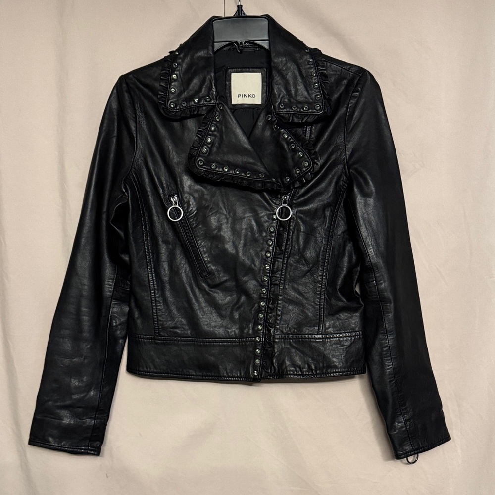 Pinko Leather Moto Jacket with Stud Rhinestones Accents, Size 2, Color Black